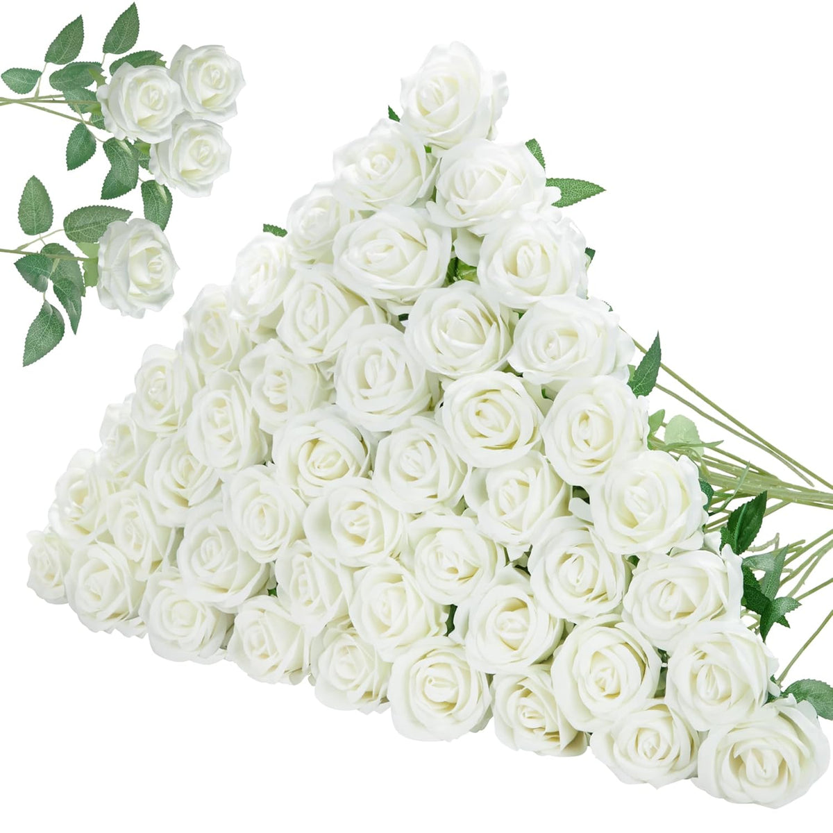 50 Pcs White Roses Artificial Flowers, Fake Velvet Silk Rose Bulk Faux Flower For Decoration Diy Wedding Centerpieces Proposal Bridal Bouquets Shower Party Home Floral Decor (50, White)