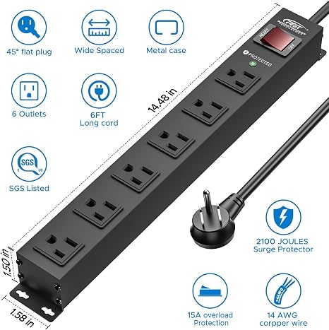 Heavy Duty Metal Power Strip 6 Outlets 15A 1875W 2100J Surge Protector 6FT