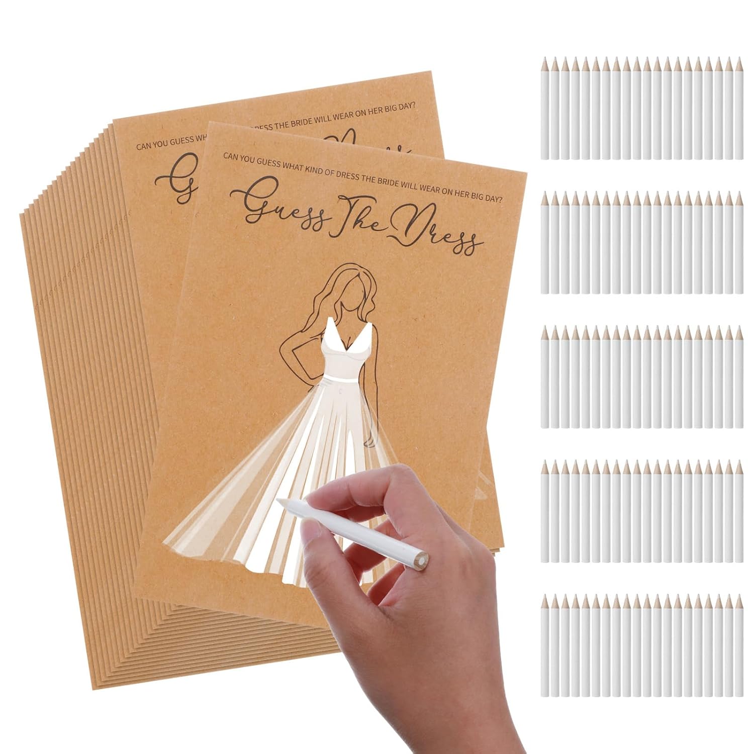 200 Pcs Guess The Dress Bridal Shower Cards For Guests, Include 100-Pcs 5 X 7 Inch Wedding Shower Cards And 100-Pcs White Crayons Fun Wedding Favors Decorations(Brown)