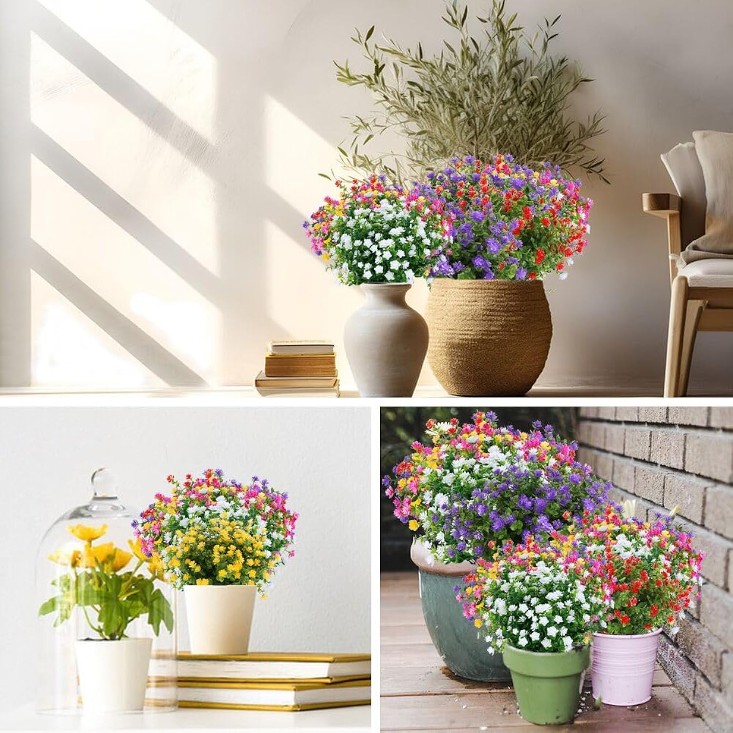 8 Bundles Artificial Flowers, Fake Artificial Greenery Uv Resistant No Fade Faux Plastic Plants For Wedding Bridle Bouquet Indoor Outdoor Home Garden Kitchen Office Table Vase