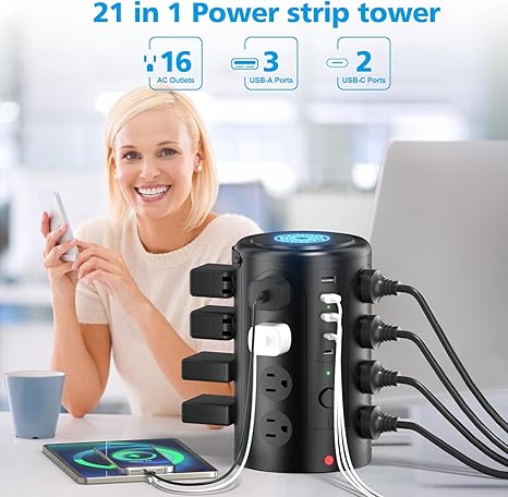 Surge Protector Power Strip Tower 16 Outlets 5 USB Ports 2 USB C 10FT Extension Cord Black