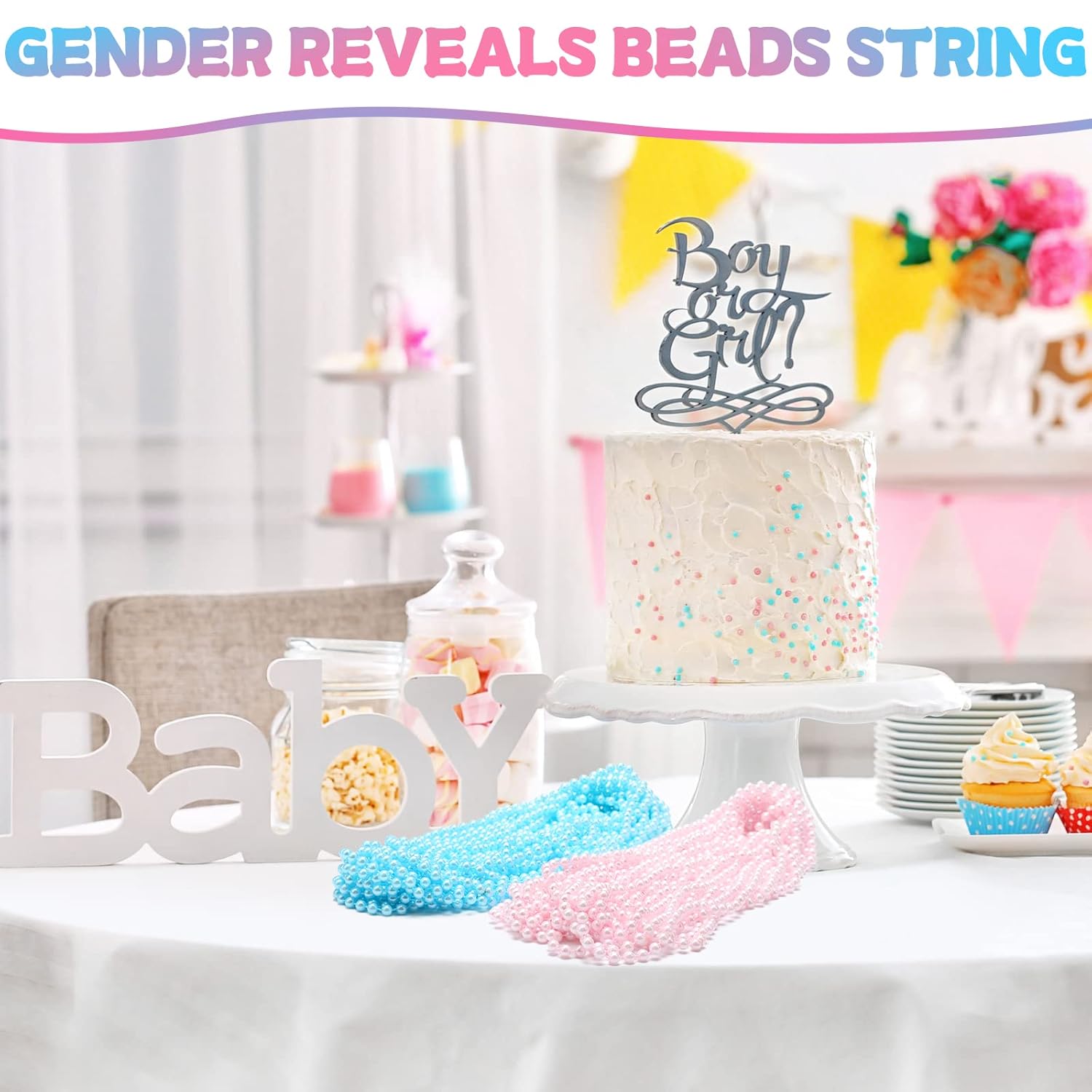 50 Pcs Gender Reveal Beads For Baby Shower Blue Pink Plastic Beads Blue 24 Inch 6 Mm Announcement Party Supplies Gender Reveal Party Favors For Baby Shower