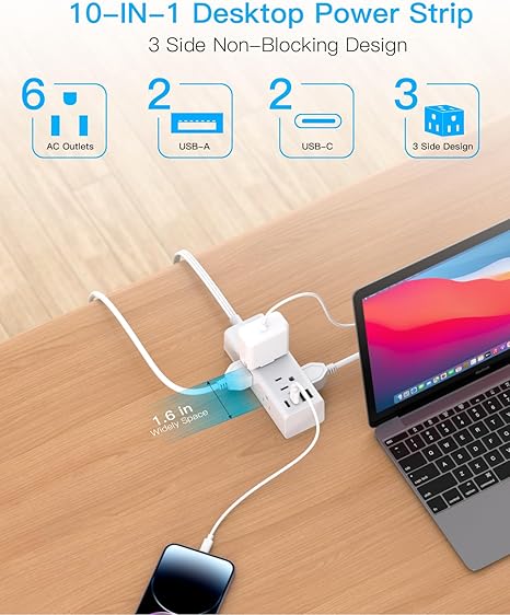 10FT Surge Protector Power Strip with 6 Outlets 4 USB Ports 2 USB C Flat Plug Extension Cord