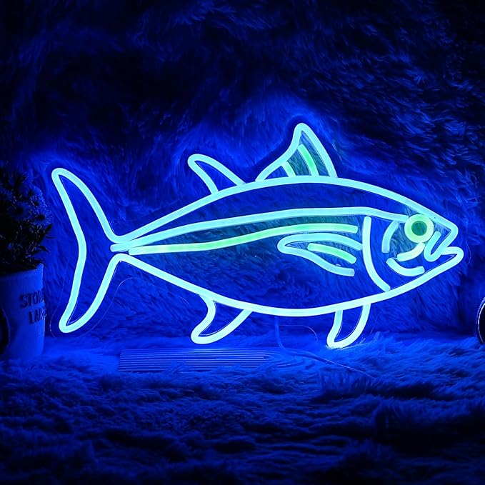 Tuna Neon Sign Blue Green Fish LED Wall Light Dimmable Ocean Decor for Bedroom Living Room Restaurant