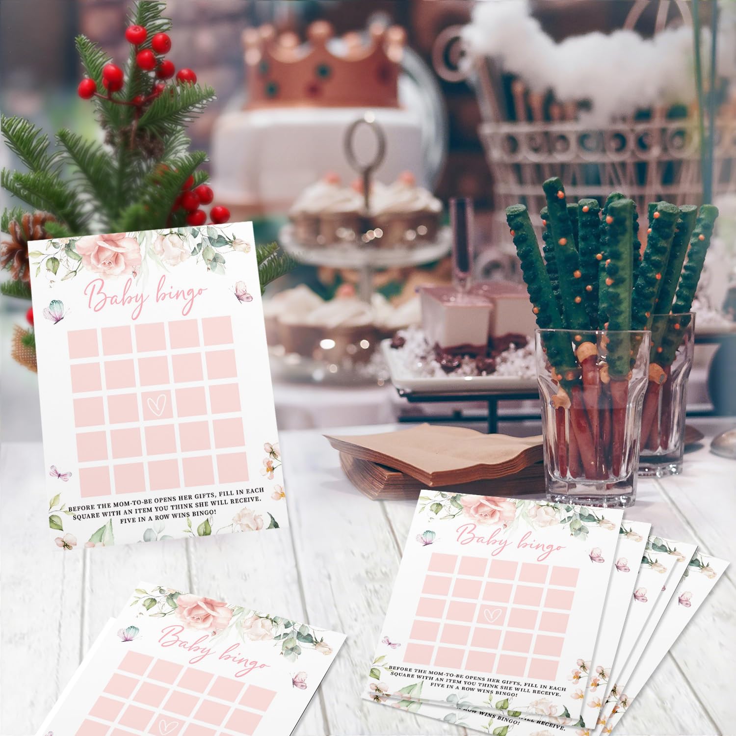 Z Baby Shower Bingo Game Girl, Baby Bingo, Set Of 50, Ros Flower Theme Party Cards