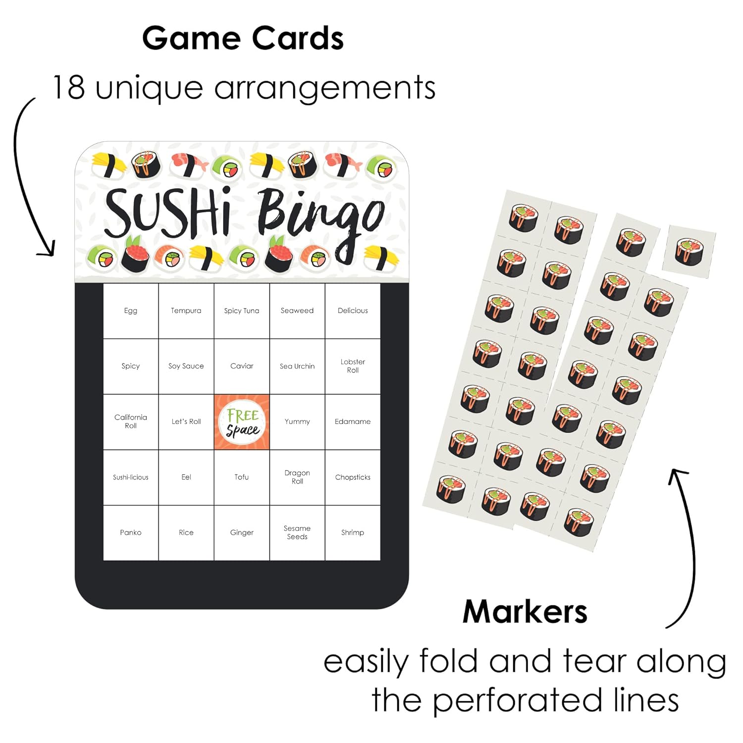 Big Dot of Happiness Let’s Roll - Sushi - Bingo Cards and Markers - Japanese Party Bingo Game - Set of 18