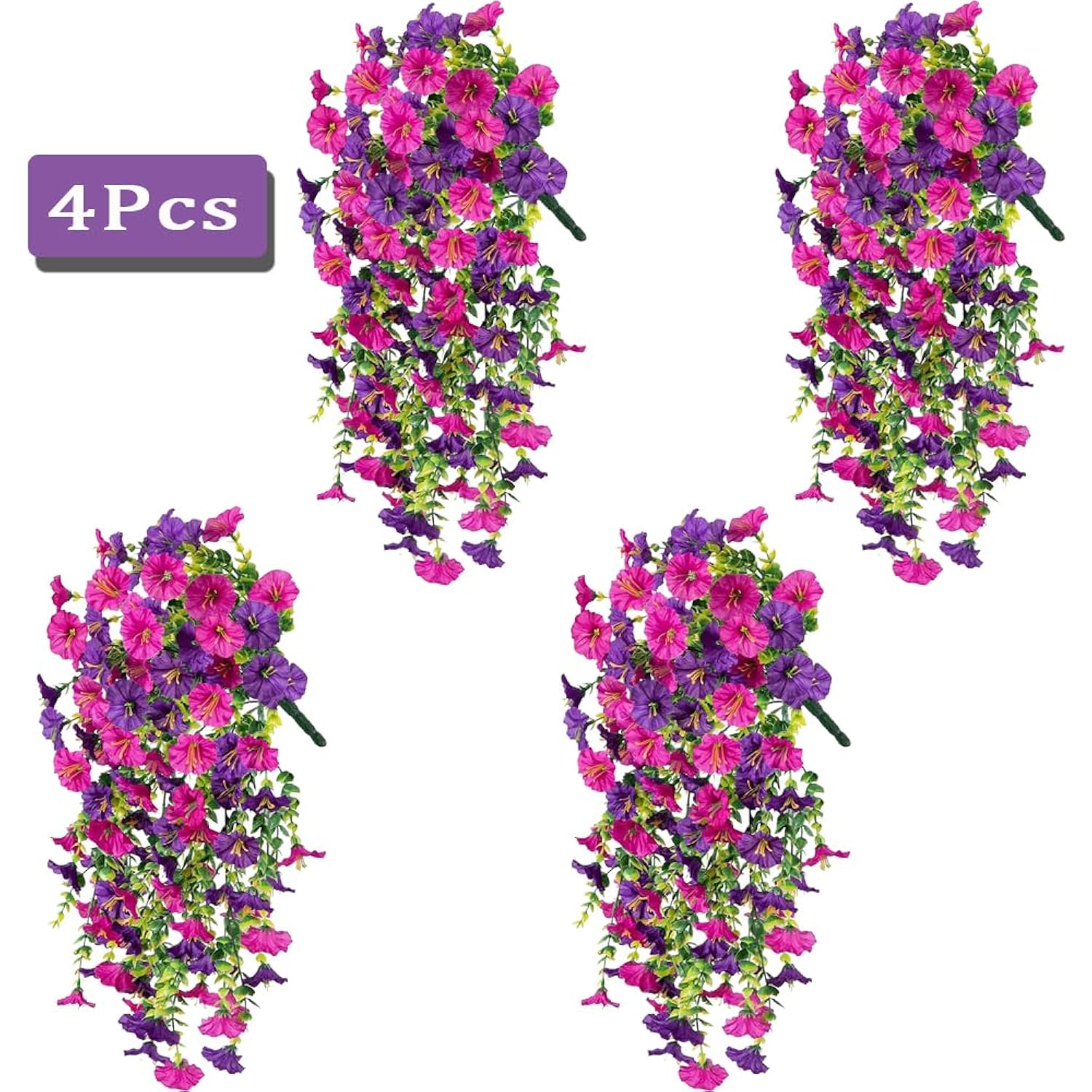 4Pcs Artificial Morning Glory Flowers With Eucalyptus Bouquet Lifelike Uv Resistant Fake Plants Silk Hanging Flowers For Outdoor Yard Porch Patio Balcony Home Decor (Purple&Fuchsia)