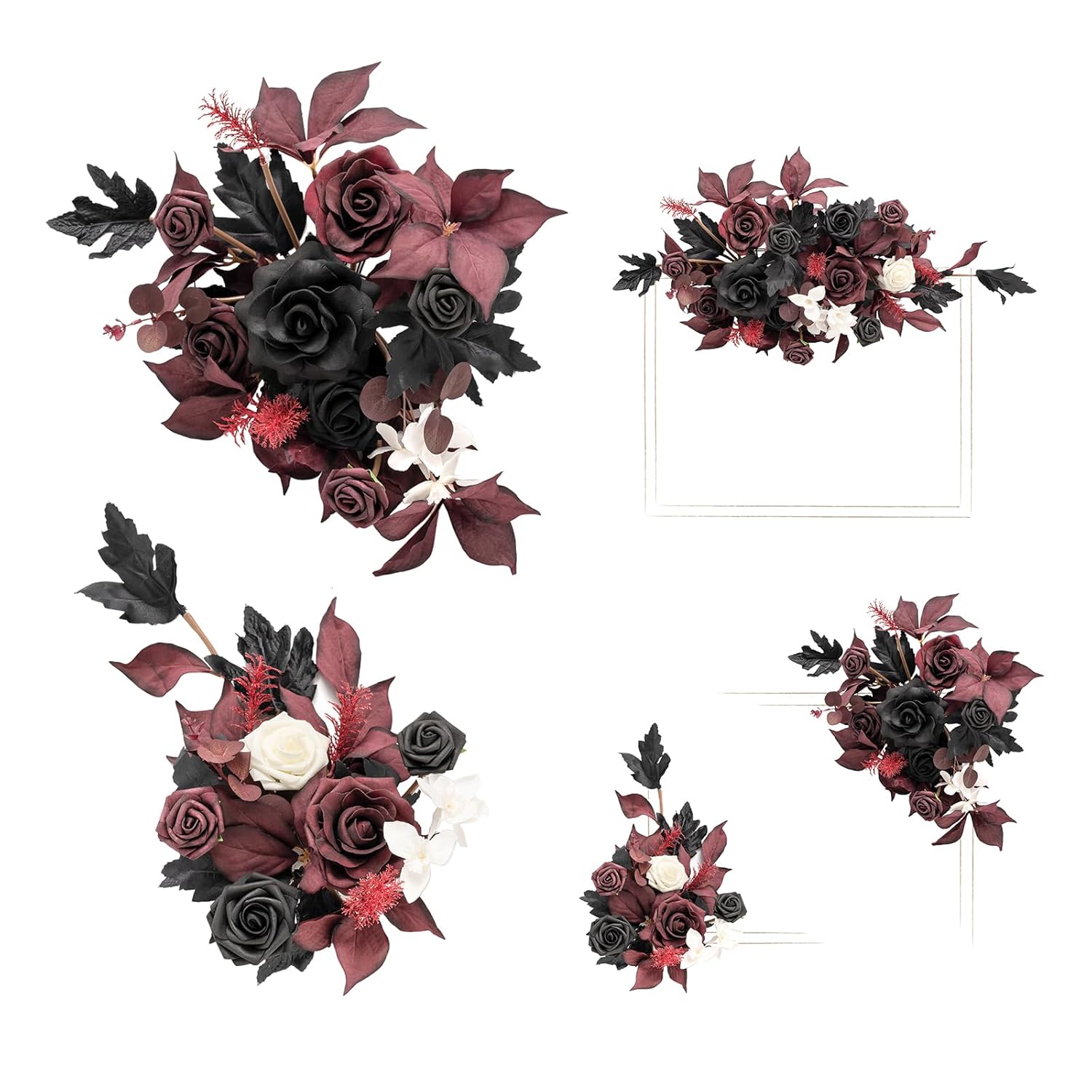 2Pcs Fall Wedding Floral Swag Welcome Sign Artificial Flowers Backdrop Garland Black Burgundy For Ceremony Reception Door Wall Easel Home Decoration Entryway Outdoor Head Table Decor