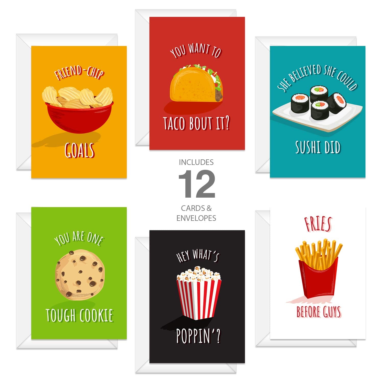 Bestie Food Note Cards / 4 5/8" X 6 1/4" Friendship Food Pun Cards / 12 Illustrated Thinking Of You Greeting Cards/Made In The Usa