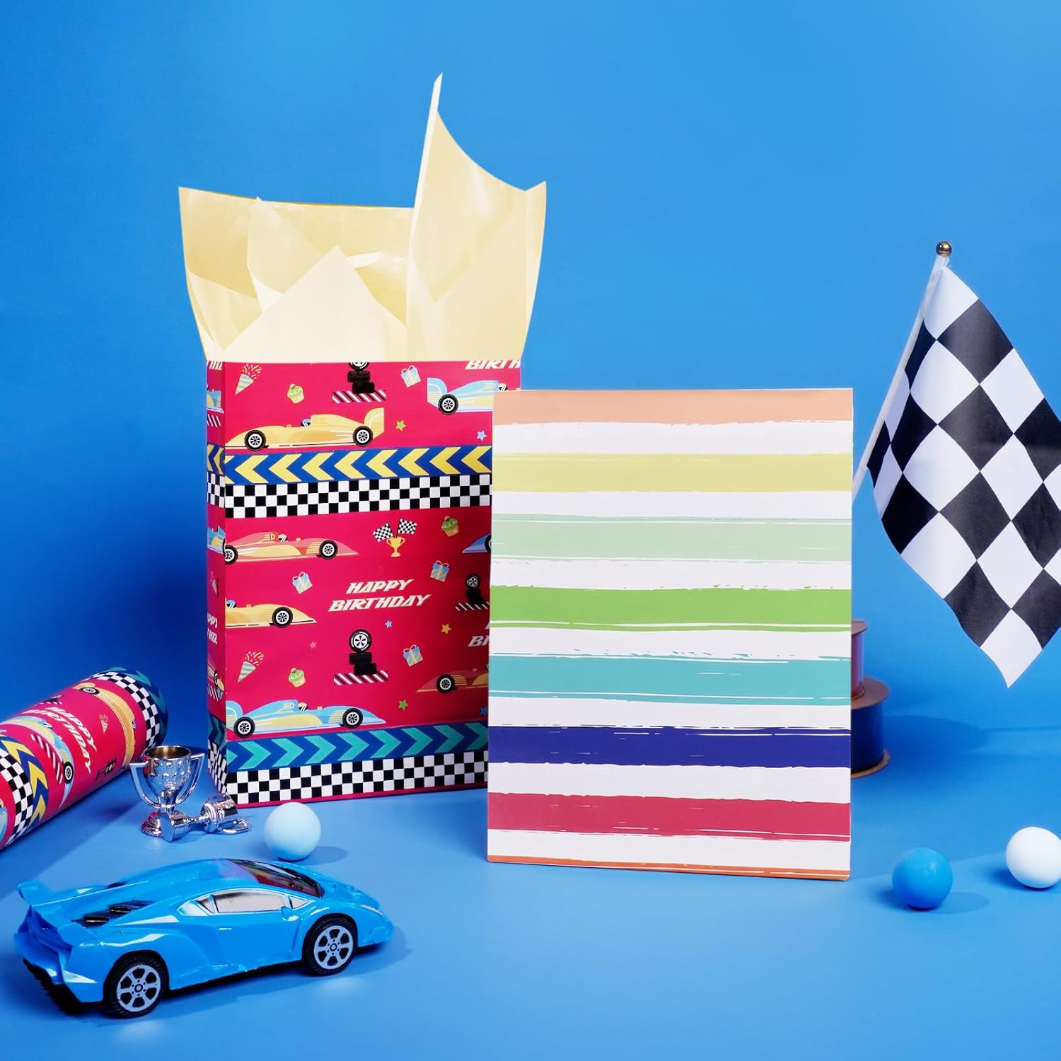 Reversible Race Car Wrapping Paper - 17 Inches X 33 Feet (47 Sq. Ft. Ttl.) - Racing Cars And Colorful Stripes Design For Birthday, Baby Shower, Party, Holiday, Boys Girls Kids