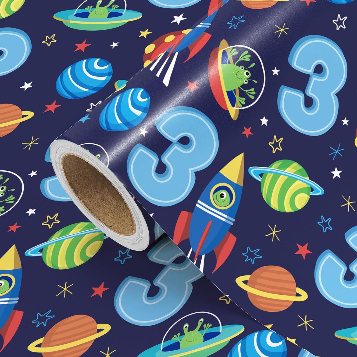 3Rd Birthday Wrapping Paper - Mini Roll - 17 Inch X 16.5 Feet - 3Rd Birthday And Rocket Space Wrapping Paper Perfect For Boys Kids Girls, Baby Shower
