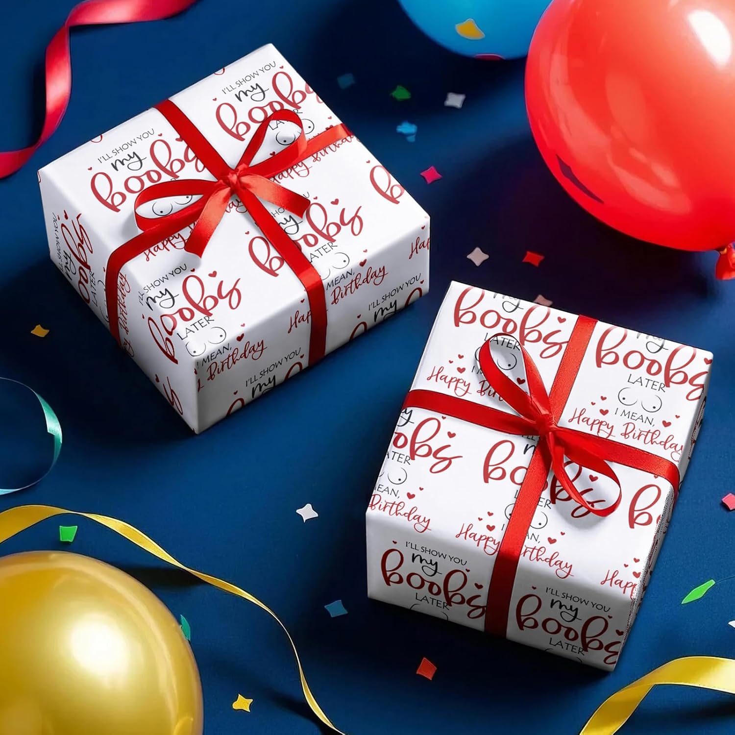 Funny Birthday Wrapping Paper For Men, Husband, Him - Mini Roll - I Will Show You My Boobs Later, I Mean Happy Birthday Design For Party Gift Wrap - 17 Inches X 16.4 Feet