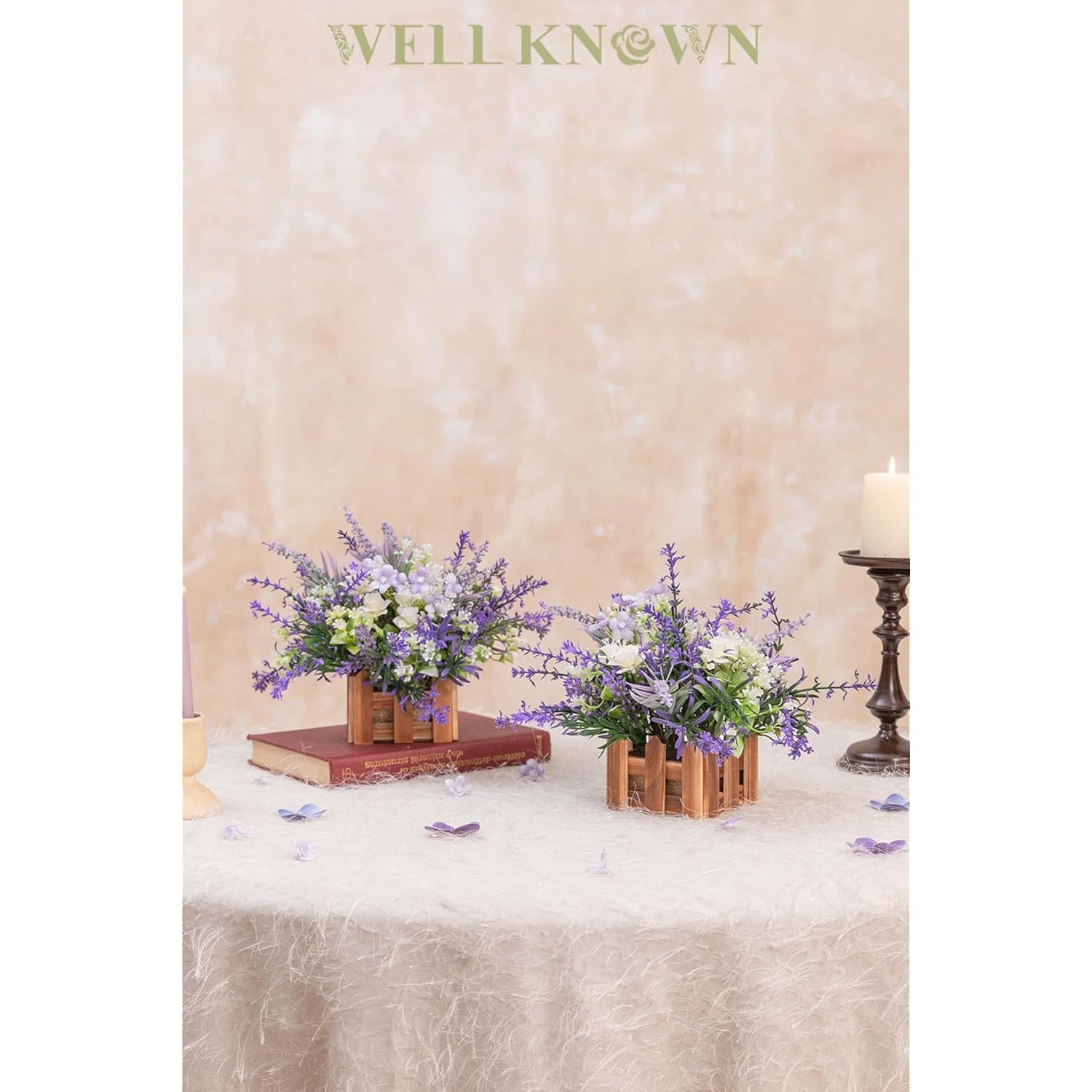 Artificial Lavender Plants In Wooden Baskets, Artificial Mini White Flower Arrangement In Planter For Home Hotel Office Table Wedding Centerpieces & Gift(Set Of 2)