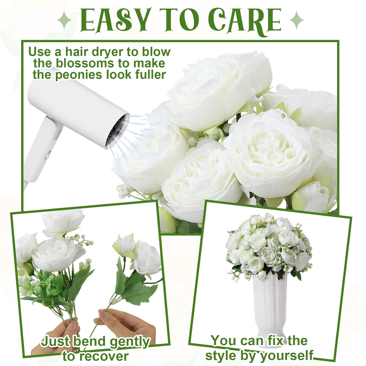 16 Pack White Peonies Artificial Flowers, Fake Silk Hydrangea Bouquet For Bridal Wedding Home Table Decor Reusable Dining Opening Ceremony Birthday Arrangement Faux Floral