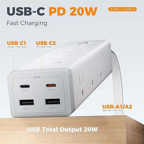 Surge Protector Power Strip 9 Outlets 4 USB Ports 2 USB C 1050J 6FT Flat Plug Grey