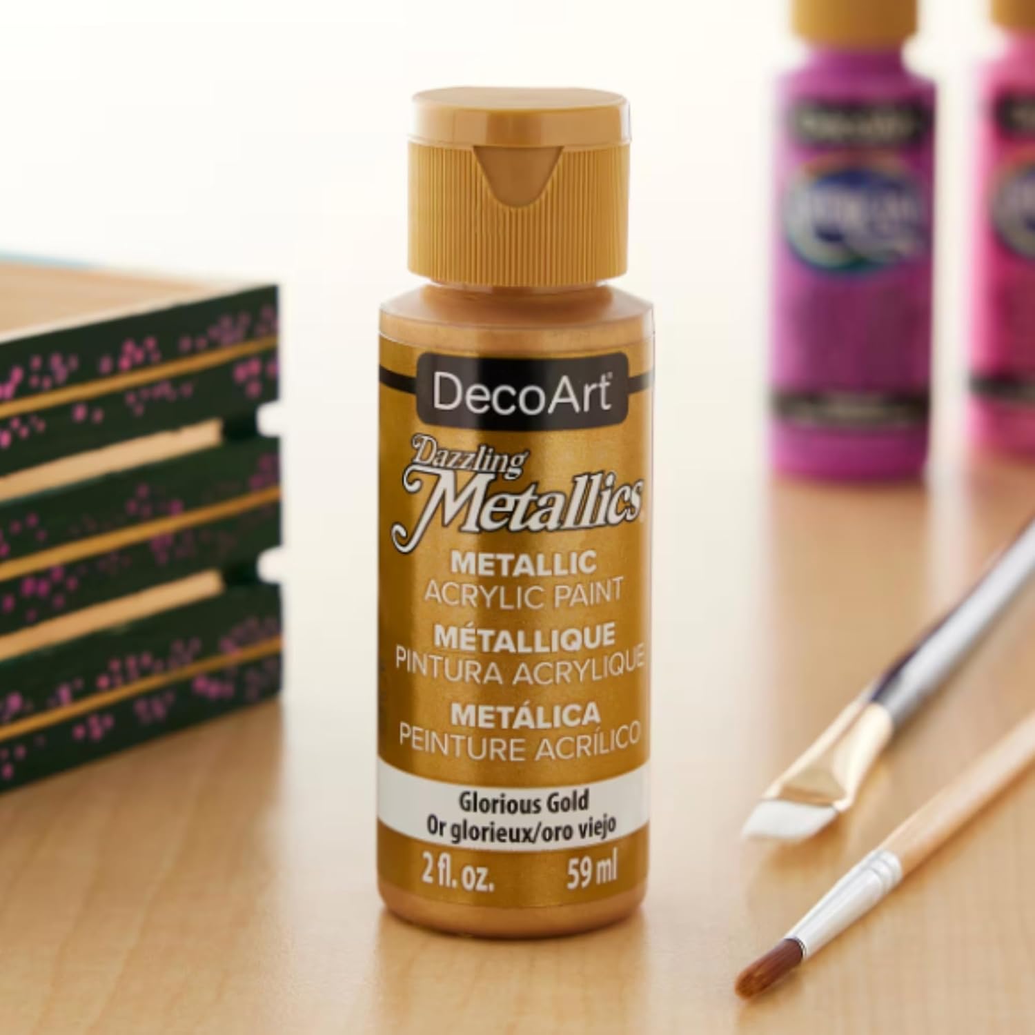 DecoArt Dazzling Metallics - 2 Ounce 4 Pack Glorious Gold Acrylic Paint Set Gold Metallic Acrylic Paint Art Supplies- Art Projects, Home Decor- E-book