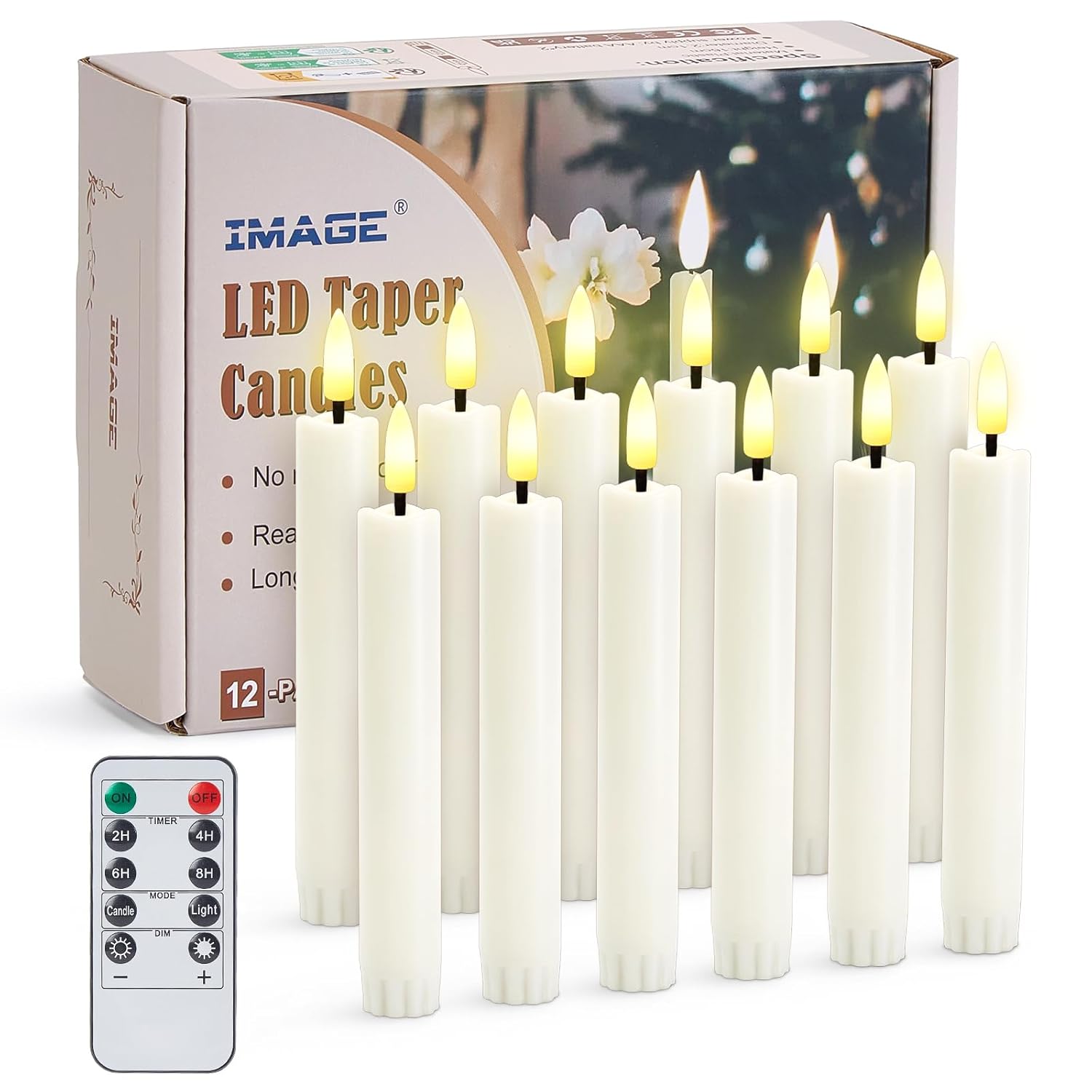 IMAGE 12 Pcs Battery Operated Taper Candles 3D Wick Ivory Taper Flameless Candles 0.78in*6.29in with 10 Keys Remote and Timer, Flickering Flameless LED Light for Xmas Valentines Day Party Decoration