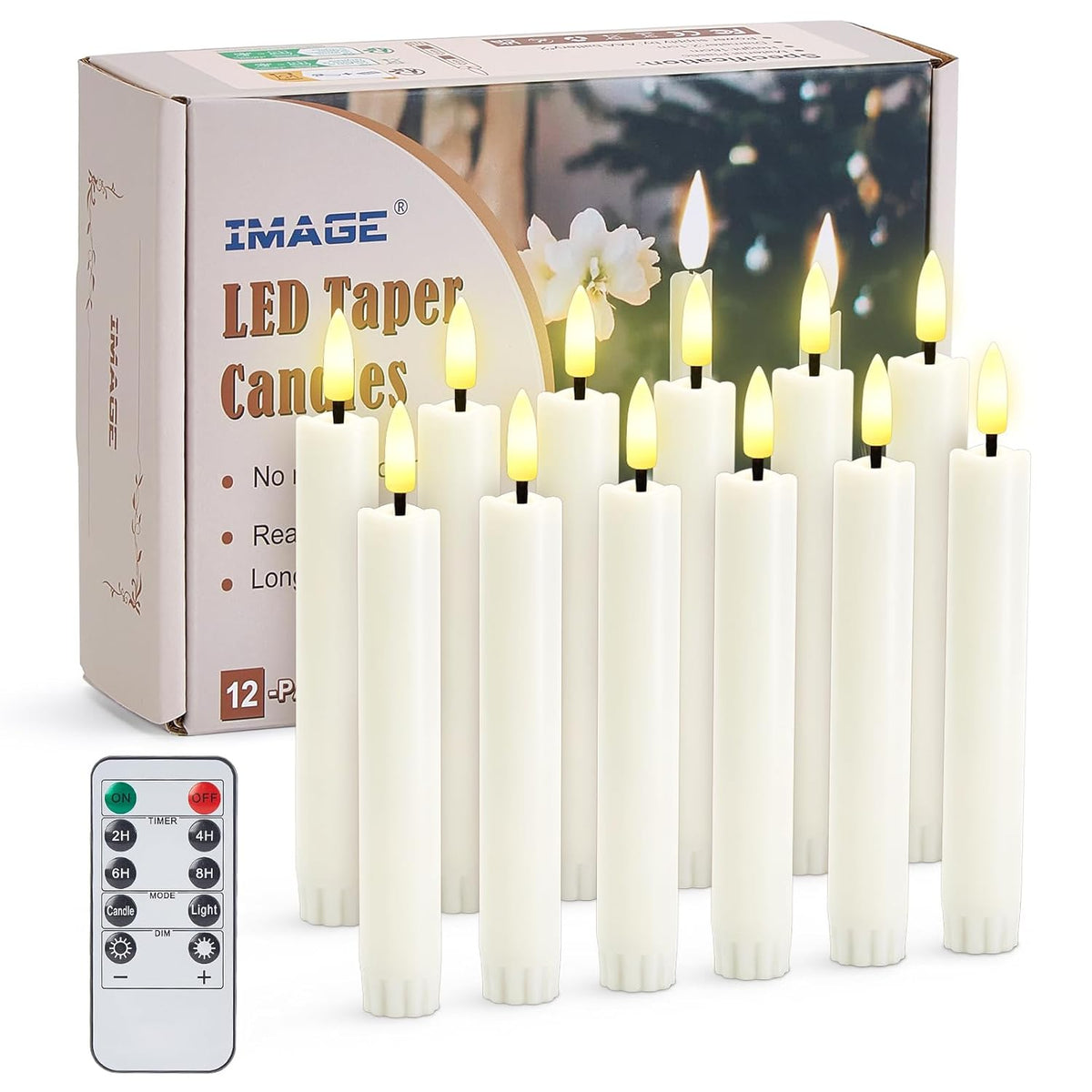 IMAGE 12 Pcs Battery Operated Taper Candles 3D Wick Ivory Taper Flameless Candles 0.78in*6.29in with 10 Keys Remote and Timer, Flickering Flameless LED Light for Xmas Valentines Day Party Decoration