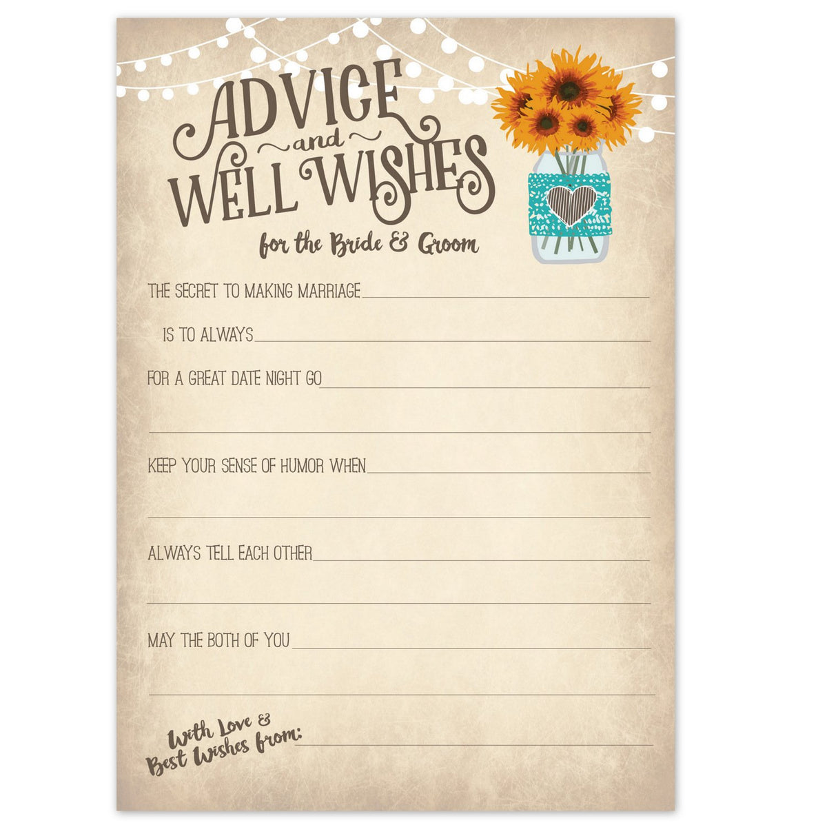 Vintage Rustic Country Wedding Advice Cards - Sunflowers In Mason Jar - Advice & Well Wishes For The Bride & Groom - Fill In The Blank Style - Bridal Shower Game Or Reception Activity (50 Count)