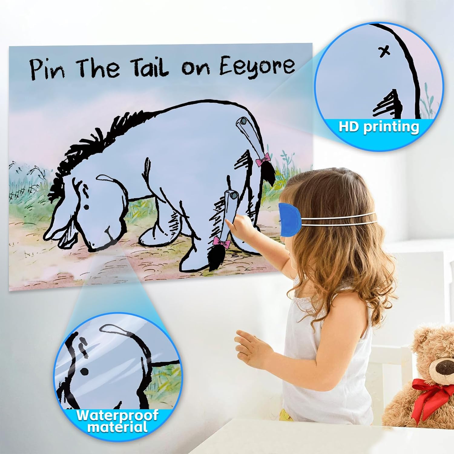 24Pcs Pin The Tail On Donkey Games For Winnie Birthday Party Supplies Large High Gloss Waterproof Poster Favors For Birthday Baby Shower Decorations
