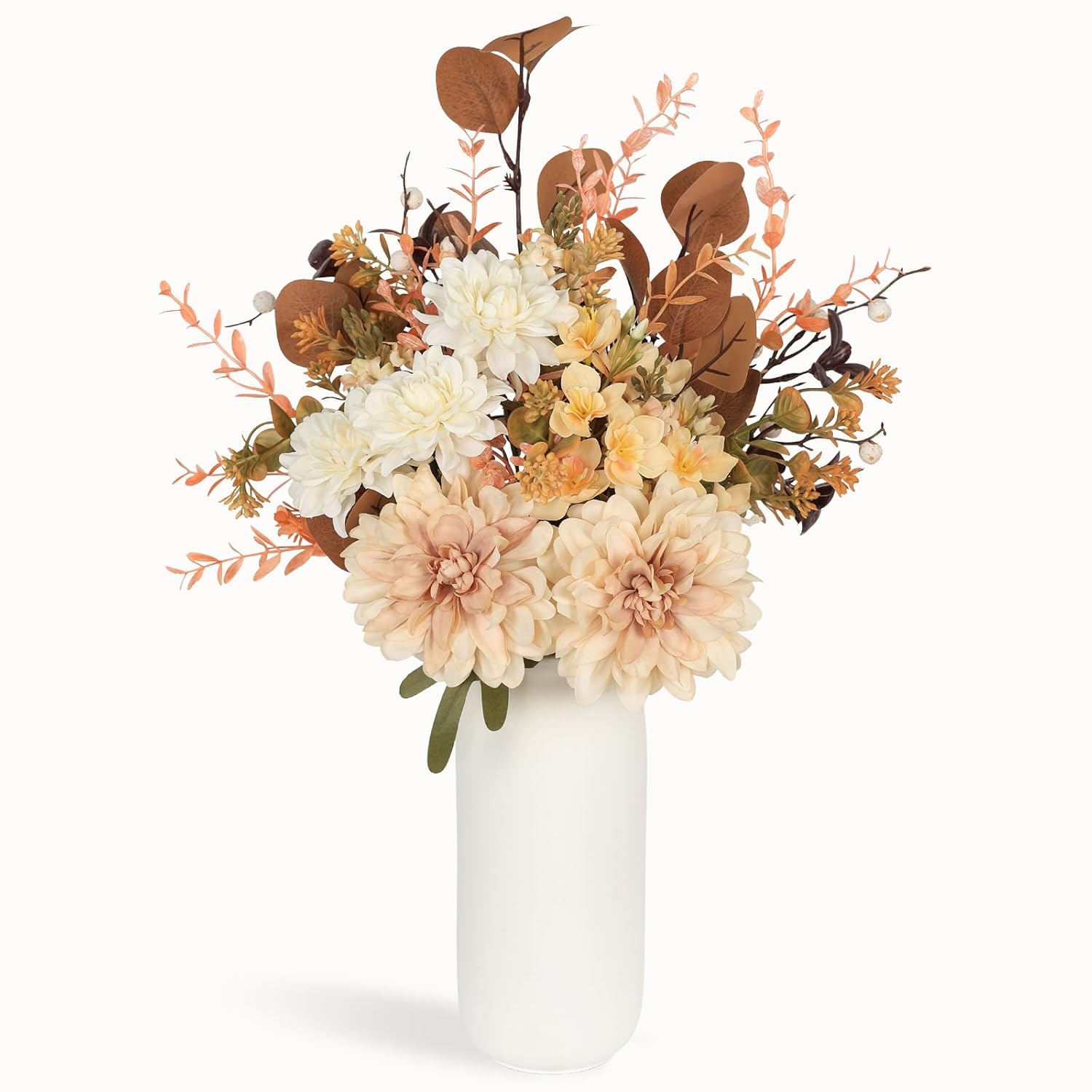 Artificial Fall Flowers Bouquet In Ceramic Vase, Faux Brown Flower Centerpieces For Coffee Table Decorations, Fake Silk Floral Arrangements For Thanksgiving Living Dining Room Bedroom Decor