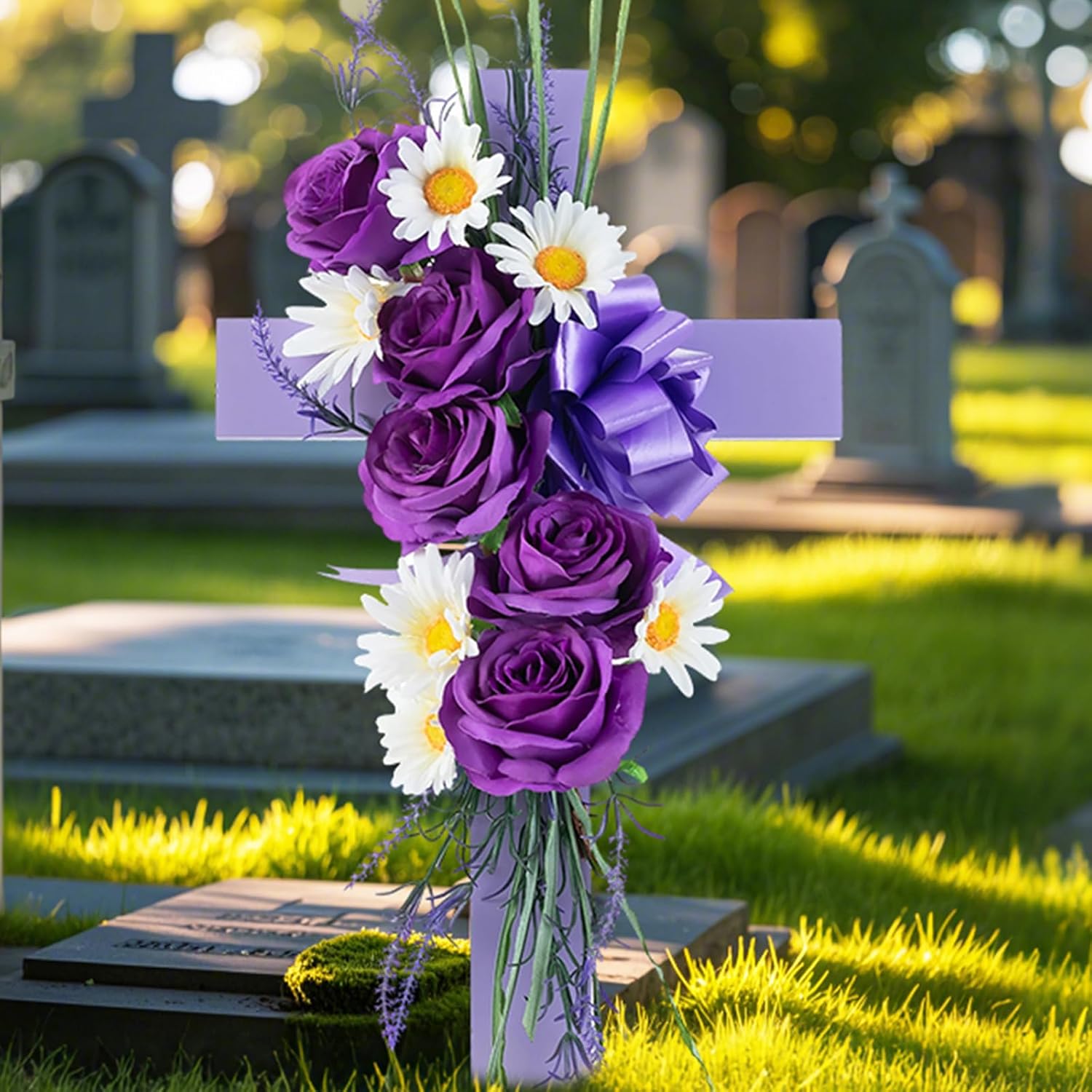 Cross For Cemetery Grave With Flowers: Outdoor Easter Grave Decorations For Cemetery - Purple Roses Artificial Flowers Memorial Wooden Cross For Gravesites