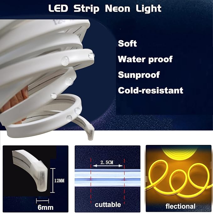 Blue LED Strip Lights 16.4FT Waterproof Flexible Neon Rope Light 12V DC 600 SMD2835 LEDs for Indoor Outdoor Decor