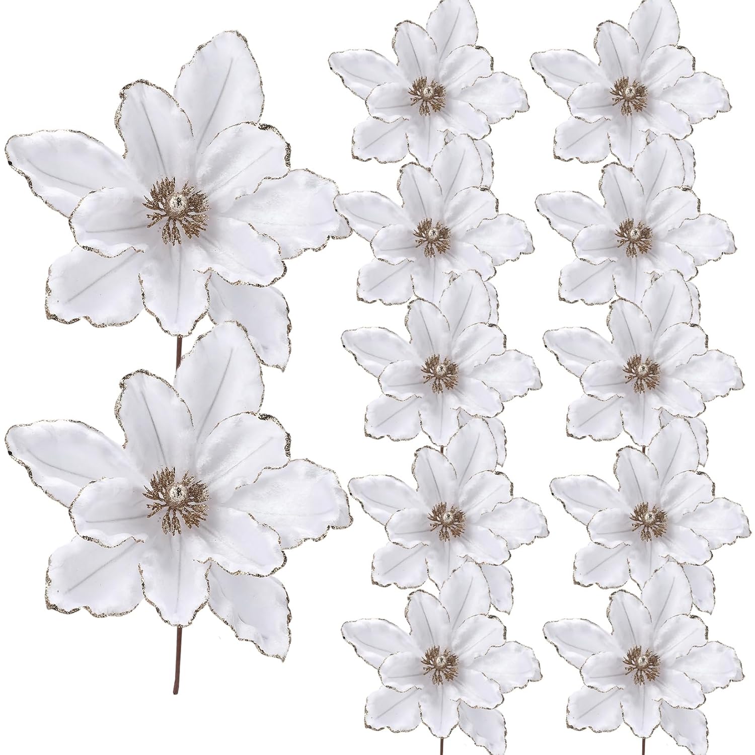 12 Pcs 12 In Large Artificial Christmas Flowers Poinsettias, Glitter Fake Xmas Holiday Magnolia Flowers With Stems, Large Floral Picks For Christmas Tree Wreath, White