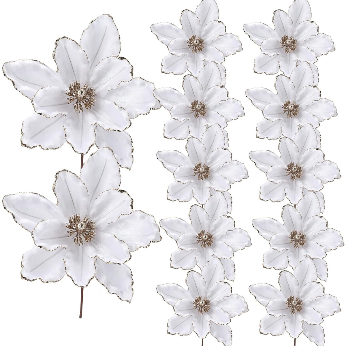 12 Pcs 12 In Large Artificial Christmas Flowers Poinsettias, Glitter Fake Xmas Holiday Magnolia Flowers With Stems, Large Floral Picks For Christmas Tree Wreath, White