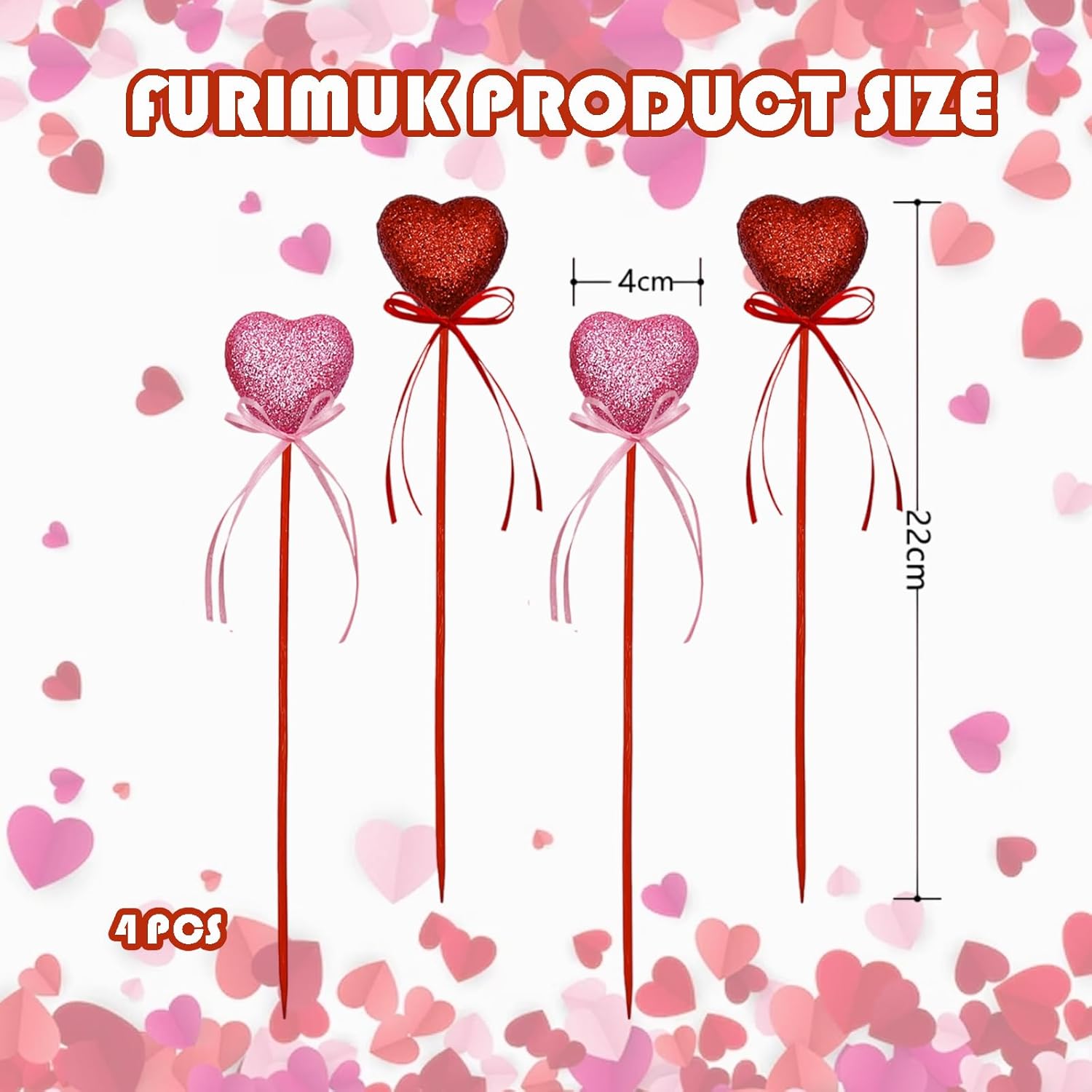 Valentine'S Day Glitter Heart Foam Picks Puffy Sparkly Heart On Sticks Valentines Day Floral Picks For Table Centerpiece Decoration Vase Wedding Crafts Stems Arrangement (4, Pink Red)
