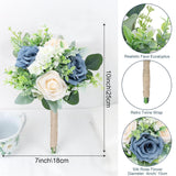 7 Inch Bridesmaid Bouquet Flowers - Artificial Bouquet For Bridesmaid Wedding Rustic Small Floral Centerpiece For Marriage Proposal Party Anniversary Dining Table Decor - Green & Dusty Blue
