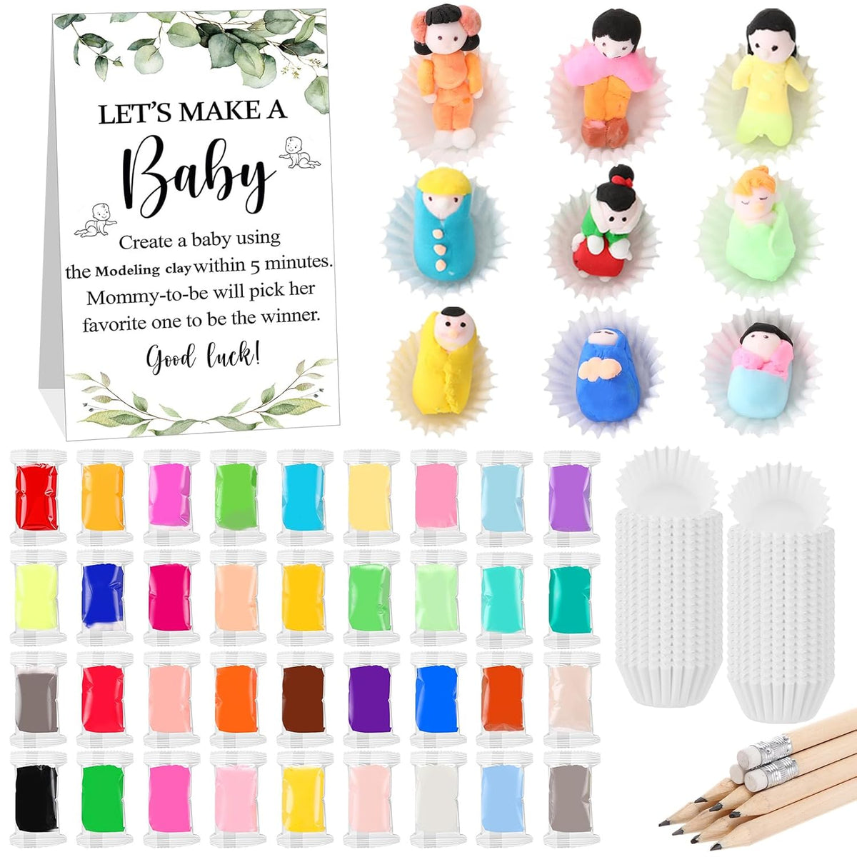 227 Pcs Eucalyptus Funny Baby Shower Games Set Decorations Let'S Make A Baby Modeling Clay Game Sign Kit 108 Modeling Clay 108 Cupcake Liners 10 Pencils For Gender Reveal Game Adult Art Diy