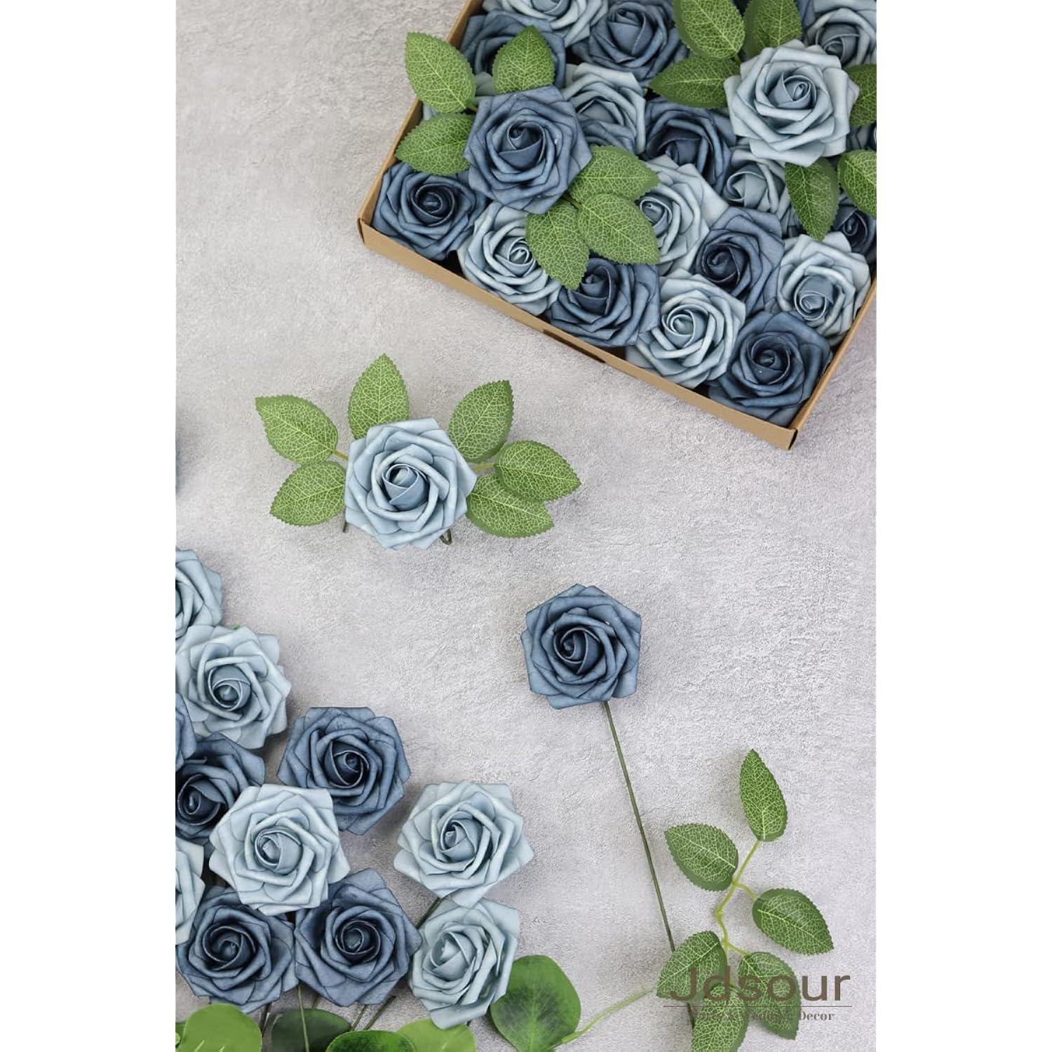 50Pcs Artificial Flower?Real Touch Foam Roses W/Stem Diy For Wedding Bouquet Centerpieces Party Shower Home Decor-Dusty Blue Shades
