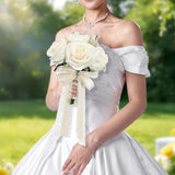 8.5 Inches Wedding Bouquet Cream Artificial Flower Bouquet 15 Faux Roses For Bride Wedding Marriage Proposal Party Church Decoration