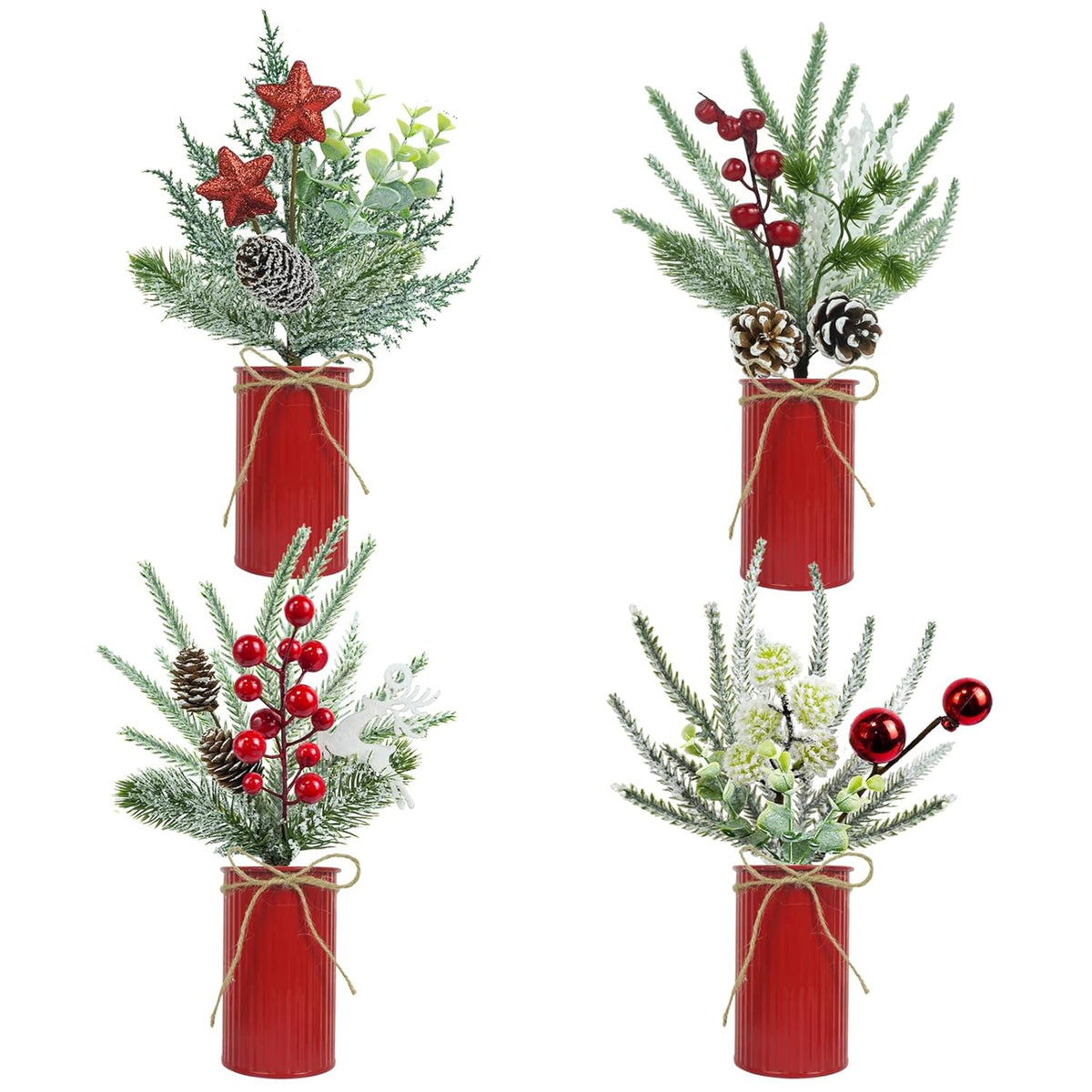 4 Pcs Christmas Centerpiece Table Decorations Artificial Potted Plants Floral Arrangement With Red Berries Pinecones Stars Balls For Home Desktop Farmhouse Party Decor