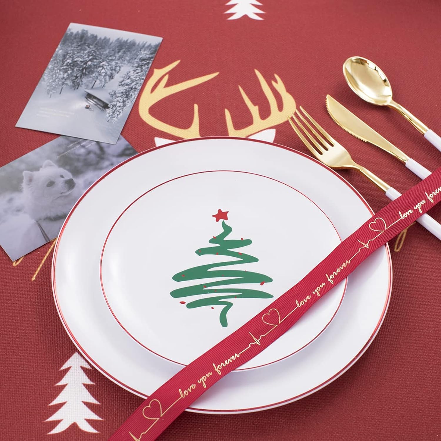 Liyh 150 Pcs Plastic Christmas Disposable Dinnerware Set, Disposable Christmas Plastic Plates With Red Rim, Gold Cutlery With White Handle, Tableware Dishes For Xmas Day 30 Guests