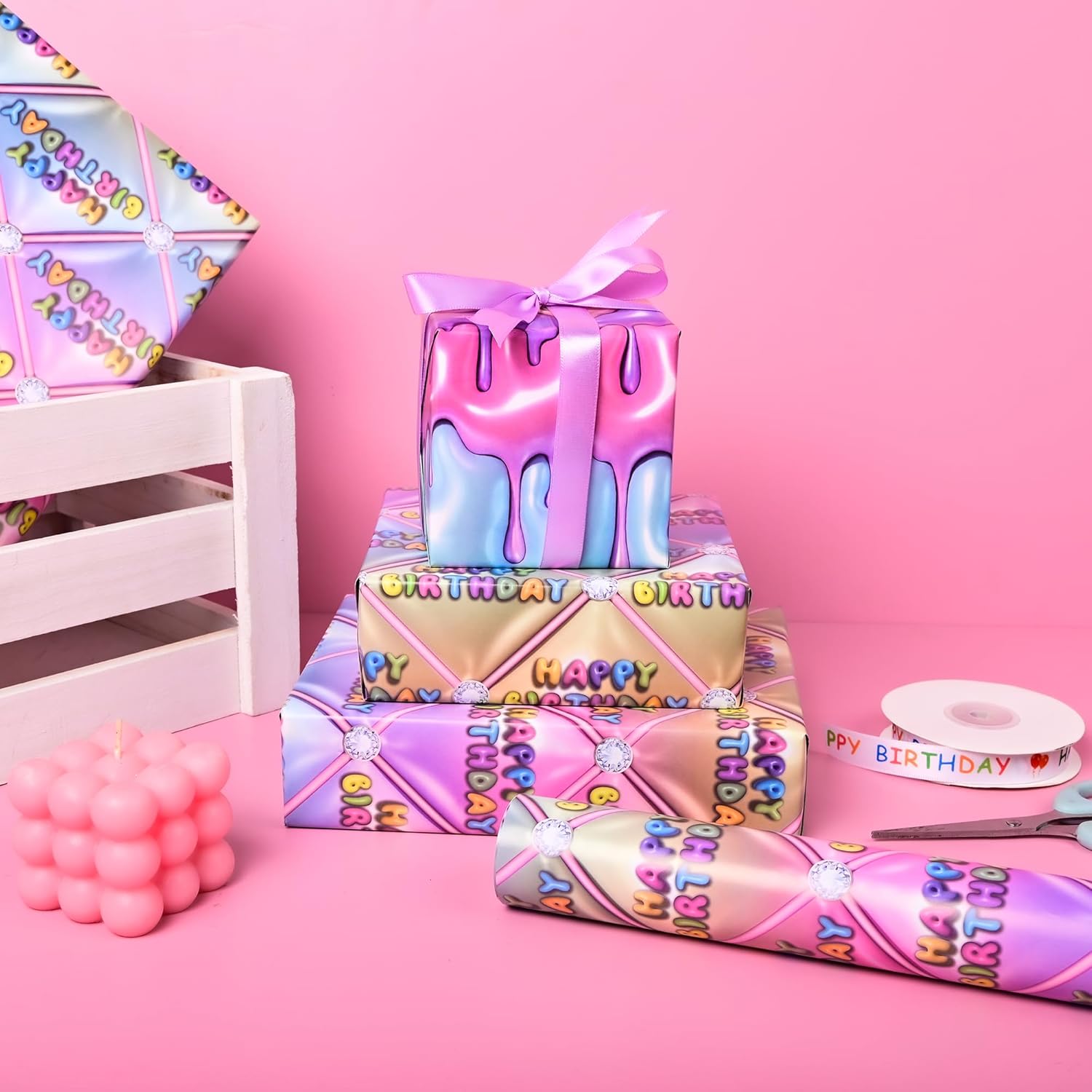 Reversible 3D Effect Birthday Wrapping Paper For Kids Men Women - Stereoscopic Design Gift Wrap Sheets For Holiday Birthday Party (Total 28.5Sq.Ft)