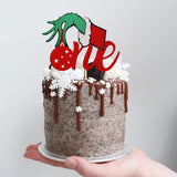 1 Pack Christmas One Cake Topper With Glitter Hand First Birthday Cake Topper Picks Decorations For Baby Shower 1St Birthday Party Supplies Red