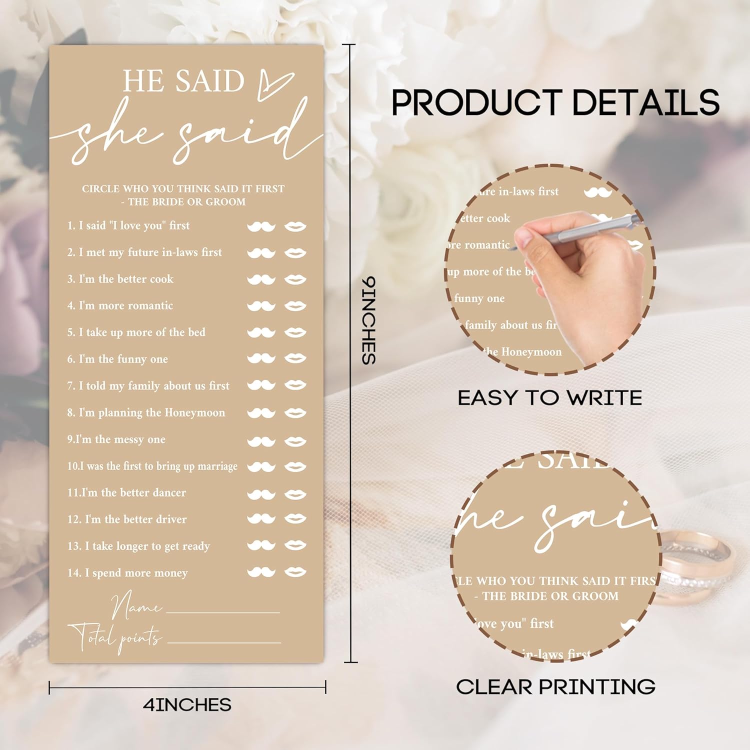 Minimalist Brown Wedding Shower Games Cards, He Said She Said, Bridal Shower Games, Engagement Party Wedding Card For 25 Guests, Bridal Party Supplies 4X9Inch-A30