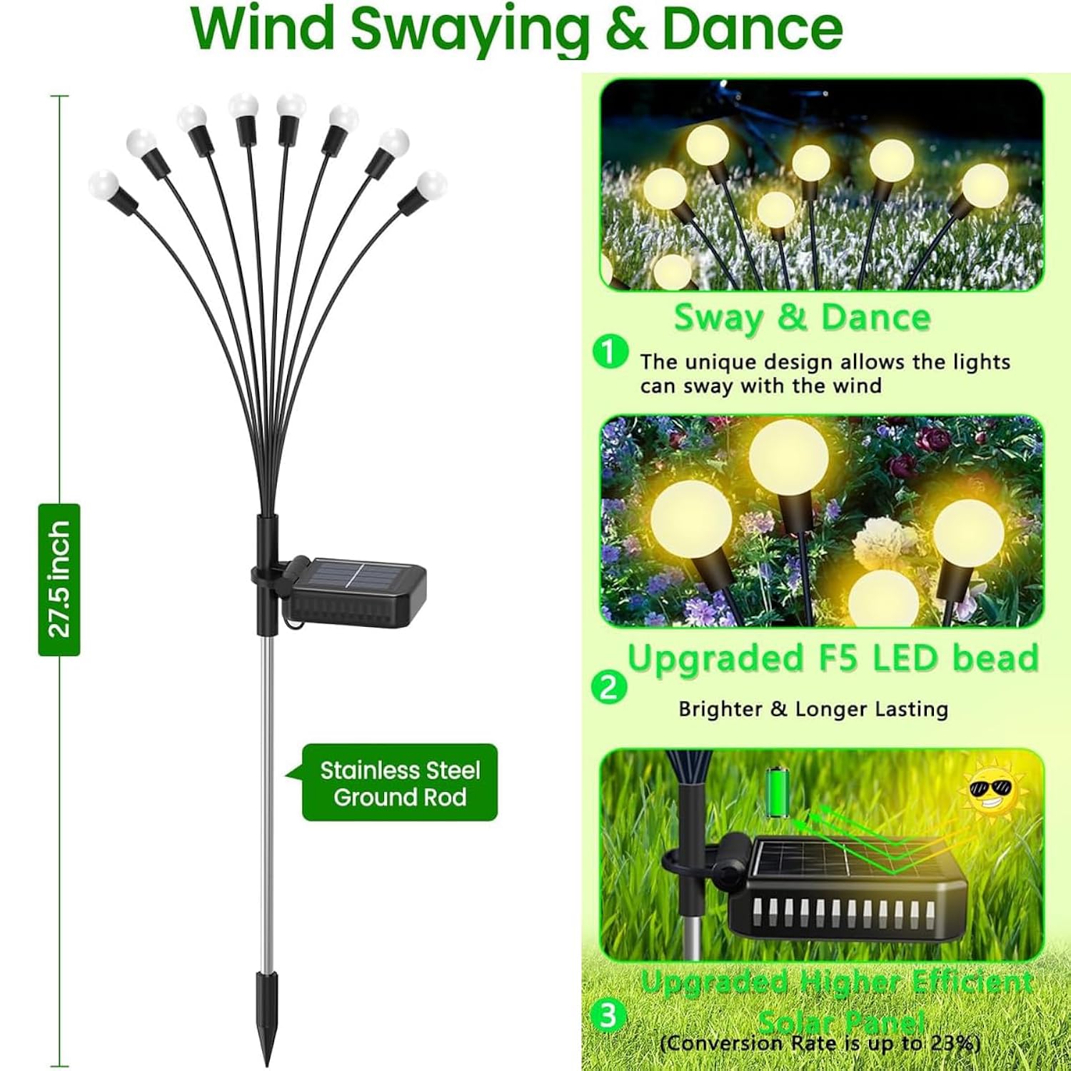 Solar Swaying Garden Light - 4 Pack New Upgraded Solar Garden Lights, 16Leds Sway By Wind, Yard Patio Pathway Decoration, High Flexibility Iron Wire & Heavy Bulb Base, Warm White