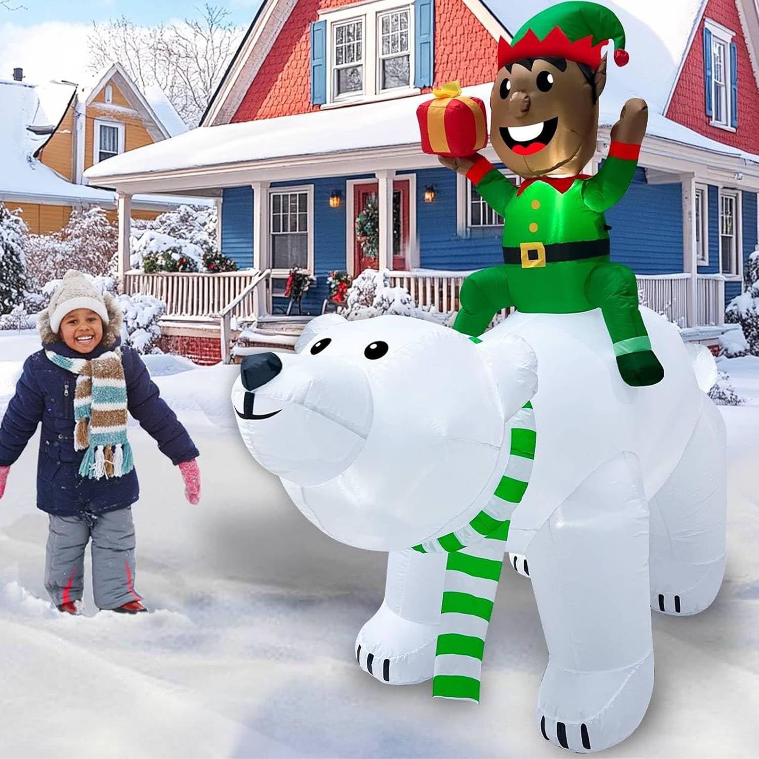 Christmas Inflatable Decorations Outdoor - 6 Ft Ht X 6.4 Ft L Christmas Black Santa Elf Riding The Polar Bear Built-In L
