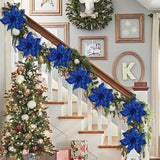 9'' Christmas Poinsettia Flowers 8Pcs Blue Glitter Artificial Flowers Large Christmas Ornament Flowers For Xmas Tree Wreath Garland Decoration