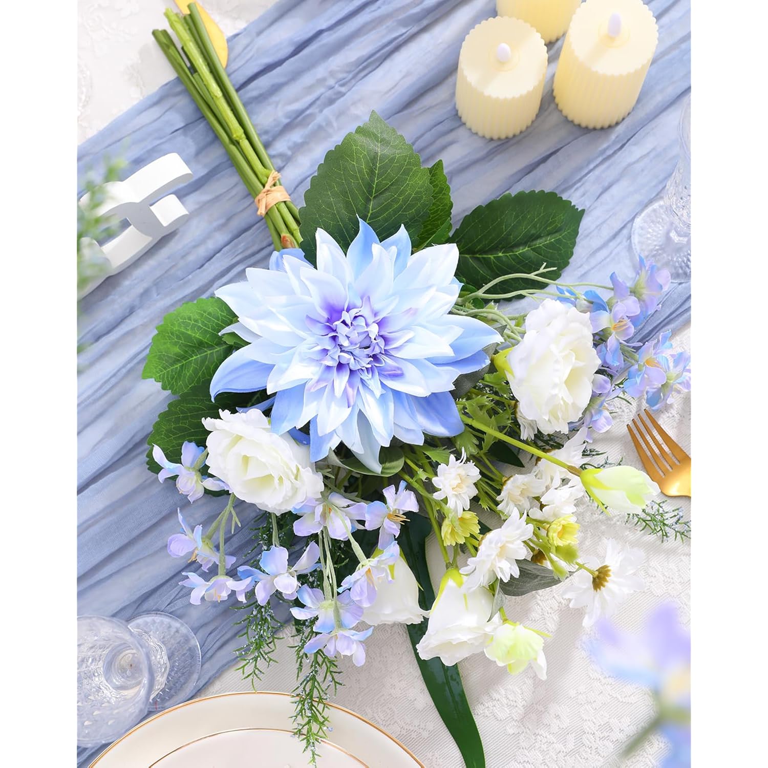 Fake Artificial Flowers Bouquet,Faux Silk Dahlia Flower Bouquet Floral Arrangement Fake Plant Decor For Tables Centerpieces,Home Office Party Wedding Decor(Blue)