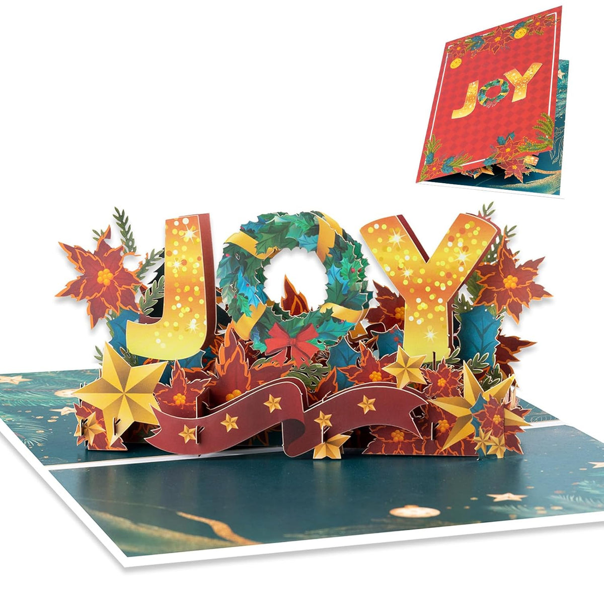 3D Pop Up Christmas Card,Festive Joy Design With Holiday Wreath, Poinsettias, Stars & Seasonal Accents,Unique Holiday Greeting & Keepsake Decoration With Envelope For Family, Friends & Gift Giving