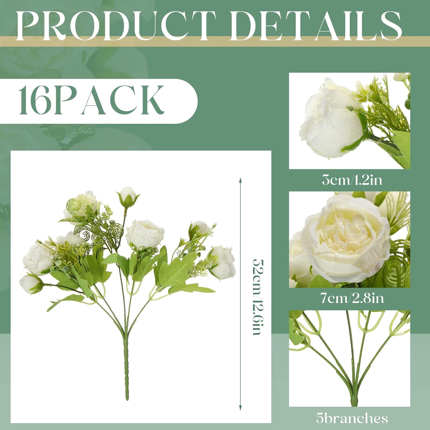 16 Bundles Peonies Artificial Flowers Bulk Wedding Silk Faux Flowers With Stems Faux Peony Wedding Bouquets For Bride Florals Arrangements Decor For Table Centerpiece Vase Decoration(White)