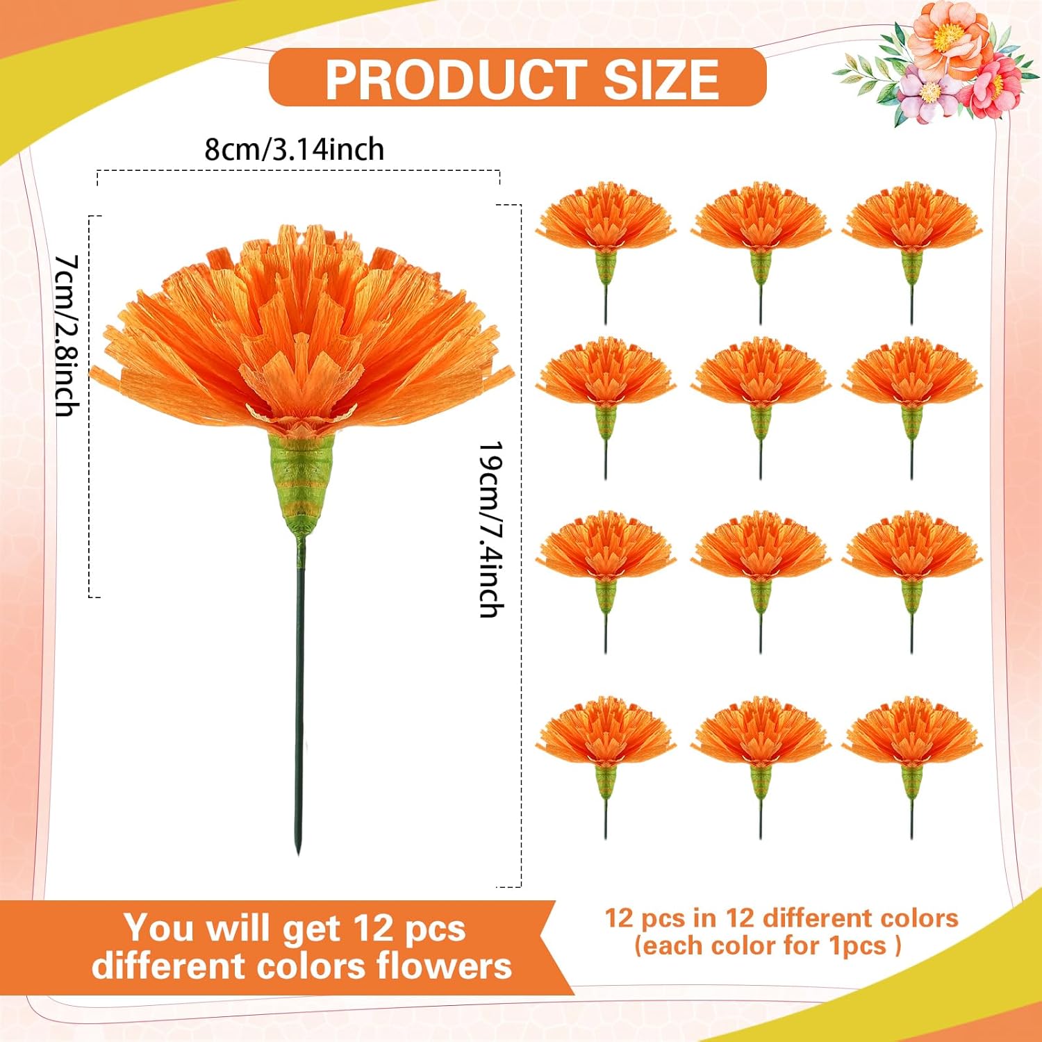 12 Pcs Artificial Marigold Flowers With Stems Mexican Orange Crepe Paper Flowers Centerpieces For Day Of The Dead Halloween Diwali Mexican Fiesta Party Decor