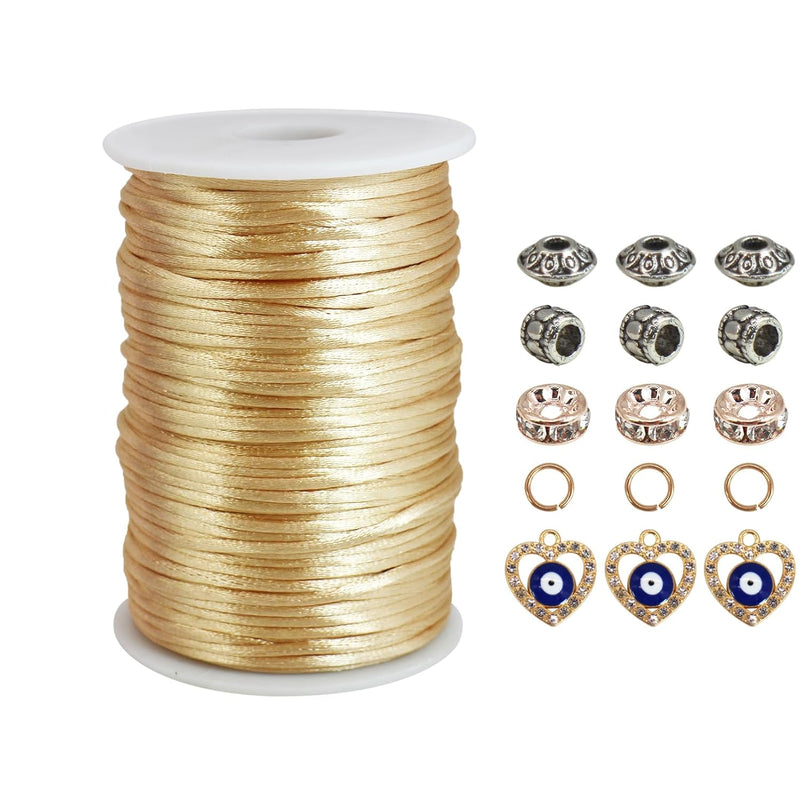 2.5Mm Lt Gold Poly Satin String 300 Feet Satin Rattail Silk Cord For Kumihimo,