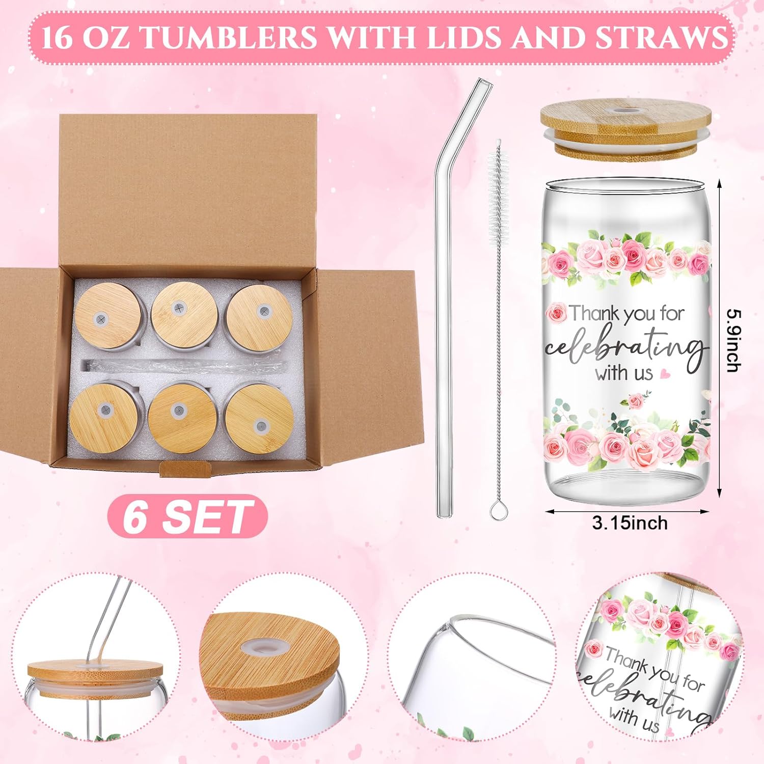 6 Set Baby Shower Game Prizes For Player Winners Tumblers With Lids Straws Mirrors Hair Scrunchies Pens Hair Clips Gift Bags For Baby Bridal Shower Wedding Game Favors(Pink Flower)