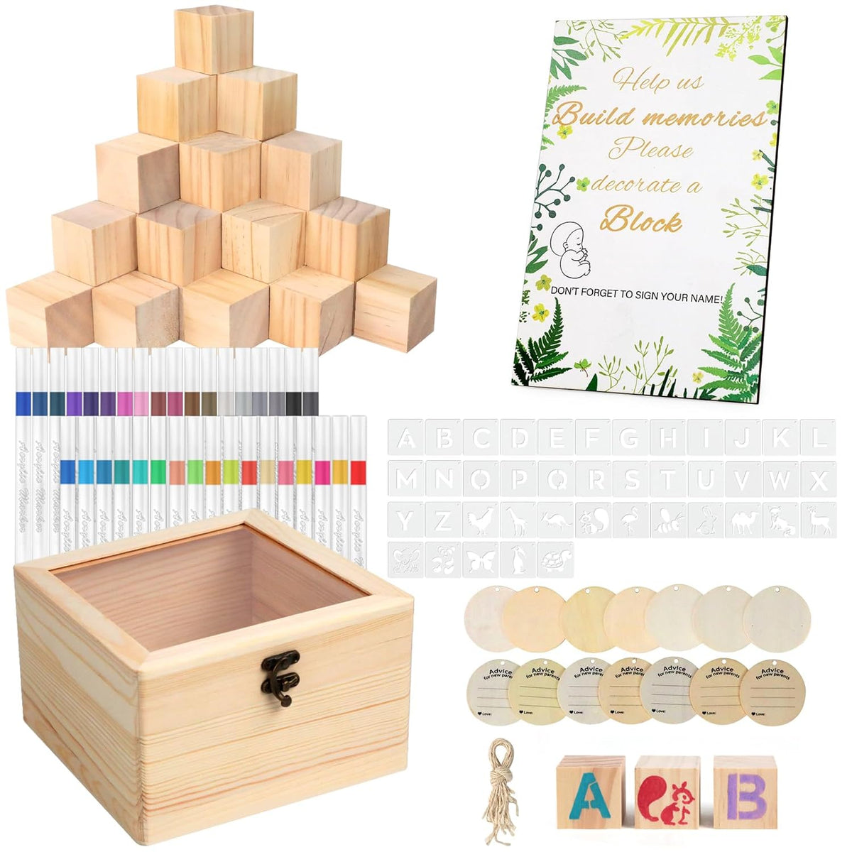 144 Pcs Baby Shower Games Sign Kit, Including 50 Diy Blank Wooden Blocks, 41 Stencils, 36 Acrylic Paint Markers, 15 Advice Cards, 1 Game Sign, 1 Storage Box For Baby Shower Games, Gender Reveal Party