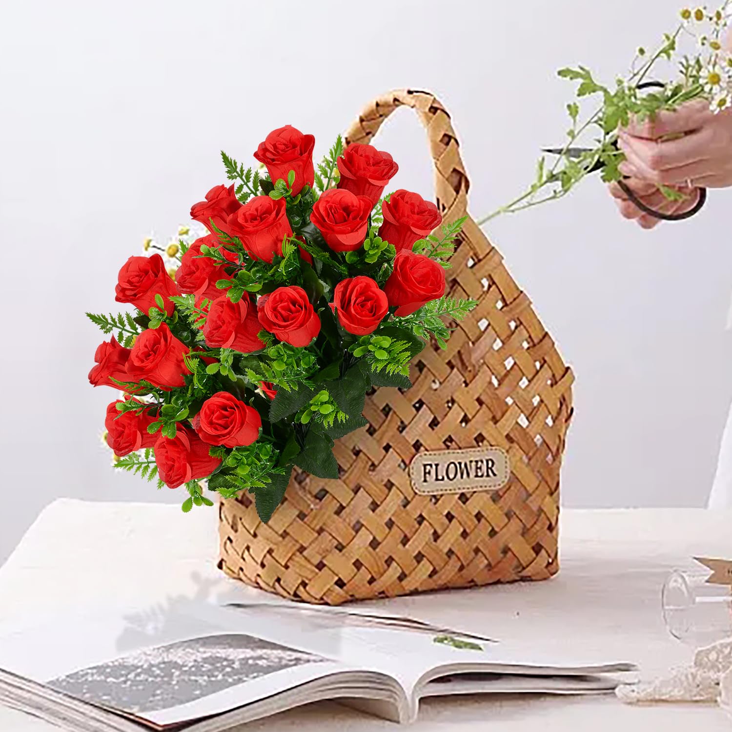 Artificial Rose Flowers Bouquet Realistic Silk Rose Fake Flowers For Wedding Home Centerpieces Party Cemetery Grave Decoration (4 Bouquets, Red)